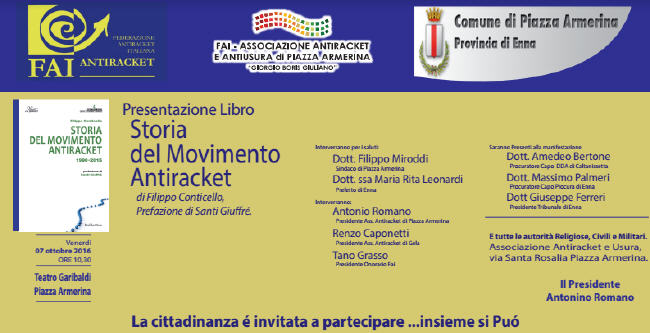 Piazza Armerina - Presentazione Libro di Filippo Conticello ''Storia  del Movimento Antiracket''